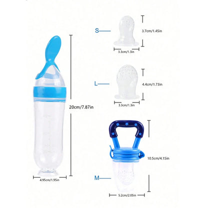 Baby Feeding Set - Silicone Baby Bottle, Rice Cereal & Fruit Feeder with Suction Base - ZOOMNSTORE