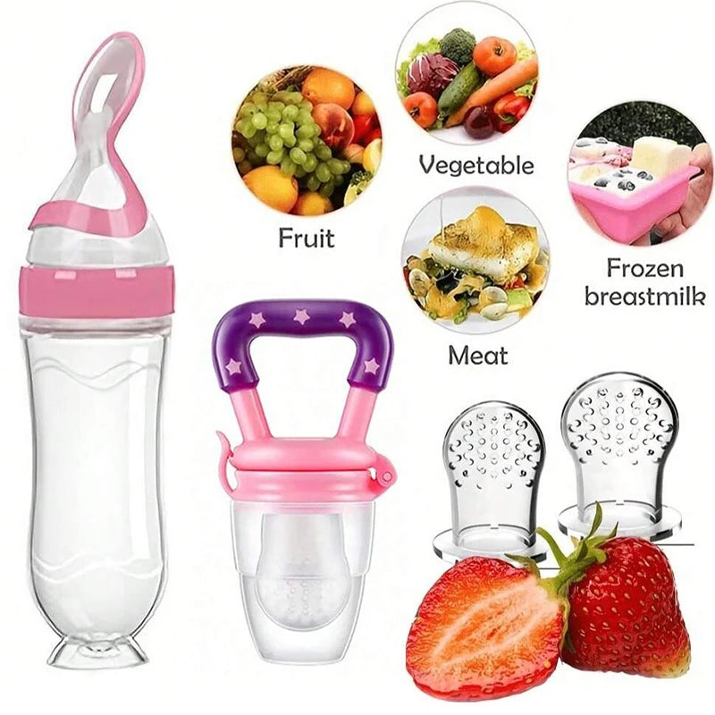 Baby Feeding Set - Silicone Baby Bottle, Rice Cereal & Fruit Feeder with Suction Base - ZOOMNSTORE