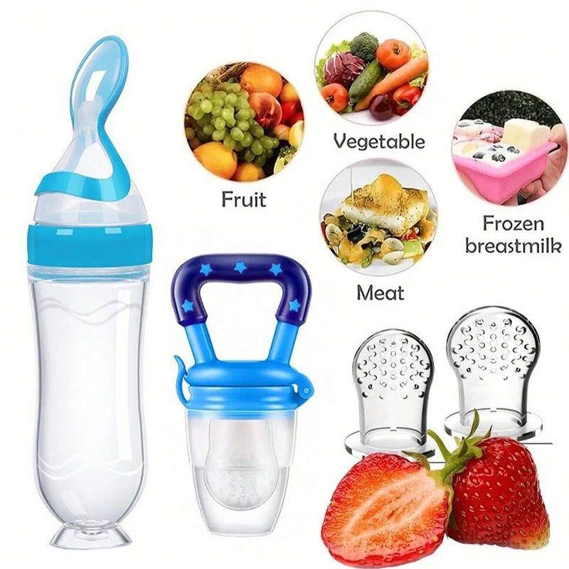 Baby Feeding Set - Silicone Baby Bottle, Rice Cereal & Fruit Feeder with Suction Base - ZOOMNSTORE