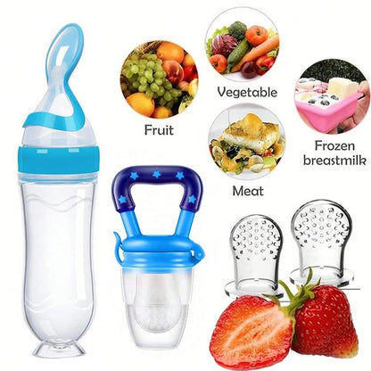 Baby Feeding Set - Silicone Baby Bottle, Rice Cereal & Fruit Feeder with Suction Base - ZOOMNSTORE
