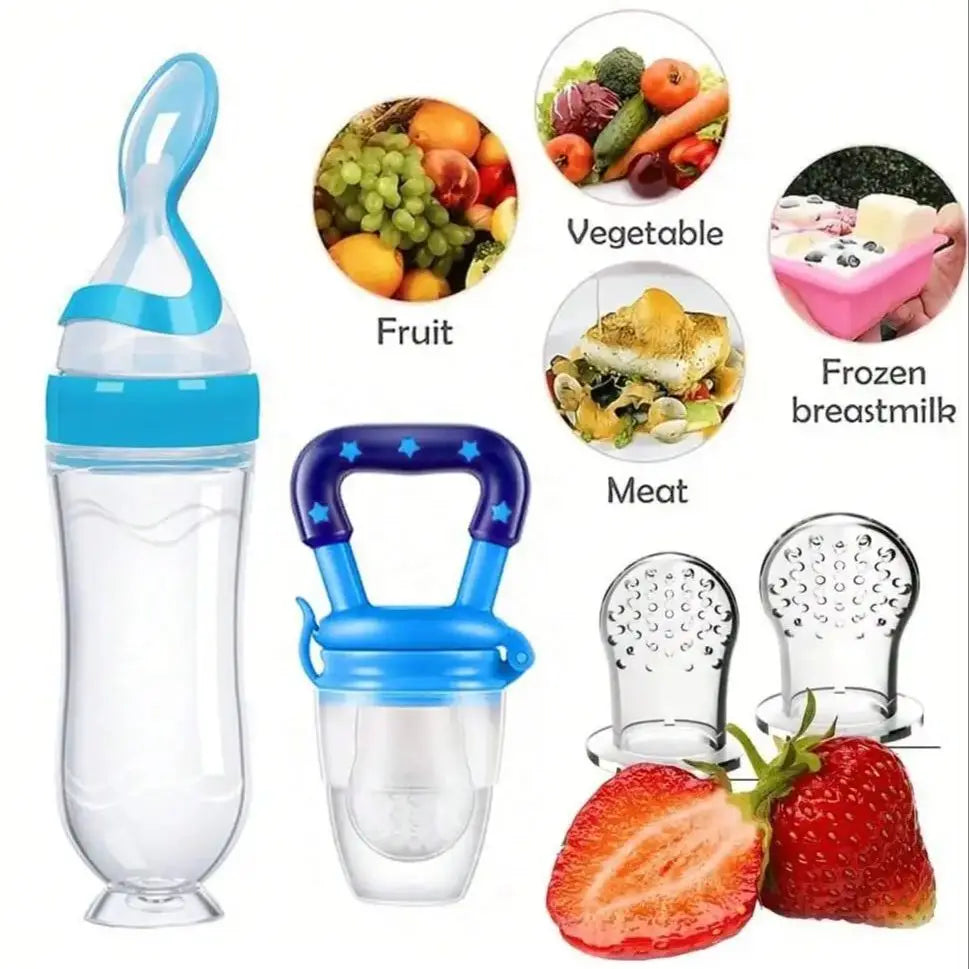 Baby Feeding Set - Silicone Baby Bottle, Rice Cereal & Fruit Feeder with Suction Base - ZOOMNSTORE