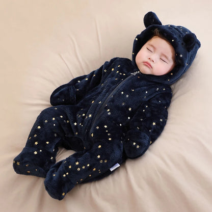 Baby Flannel Rompers - Soft Hooded Infant Jumpsuit With Cartoon Print, Warm Winter Wear - ZOOMNSTORE