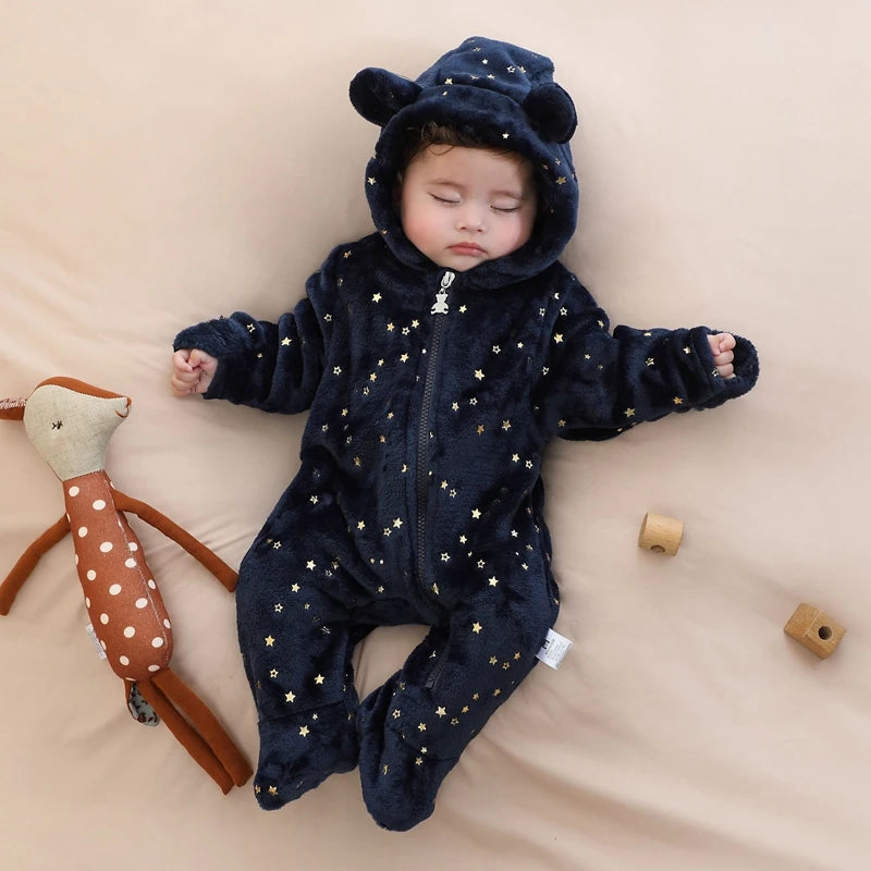 Baby Flannel Rompers - Soft Hooded Infant Jumpsuit With Cartoon Print, Warm Winter Wear - ZOOMNSTORE