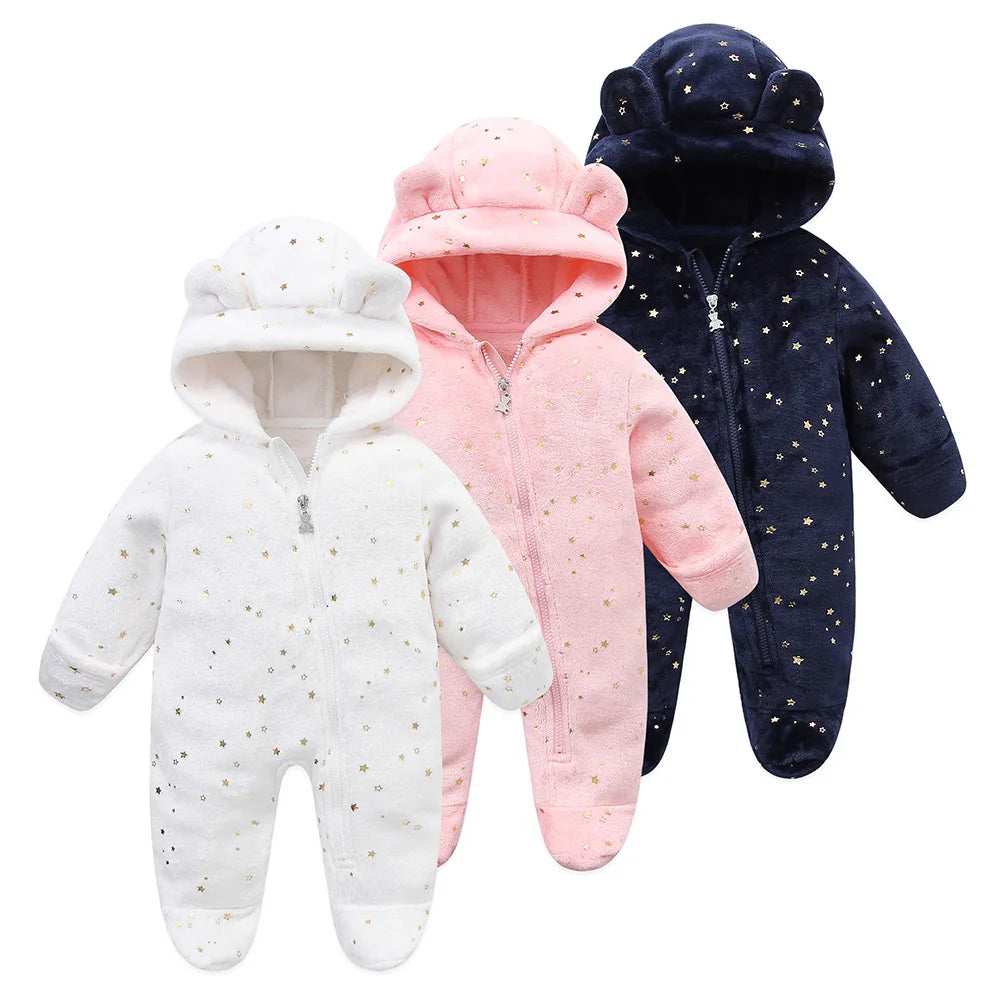 Baby Flannel Rompers - Soft Hooded Infant Jumpsuit With Cartoon Print, Warm Winter Wear - ZOOMNSTORE