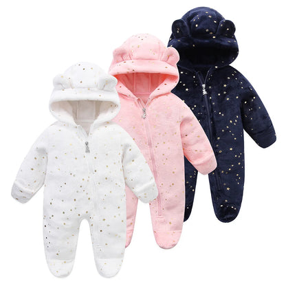 Baby Flannel Rompers - Soft Hooded Infant Jumpsuit With Cartoon Print, Warm Winter Wear - ZOOMNSTORE