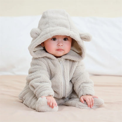 Baby Flannel Rompers - Soft Hooded Infant Jumpsuit With Cartoon Print, Warm Winter Wear - ZOOMNSTORE