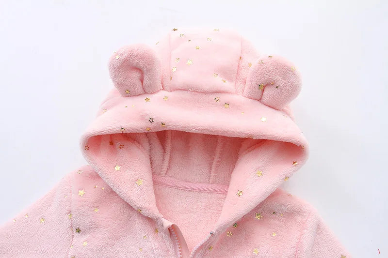 Baby Flannel Rompers - Soft Hooded Infant Jumpsuit With Cartoon Print, Warm Winter Wear - ZOOMNSTORE