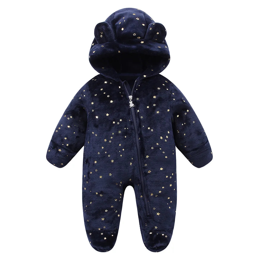 Baby Flannel Rompers - Soft Hooded Infant Jumpsuit With Cartoon Print, Warm Winter Wear - ZOOMNSTORE