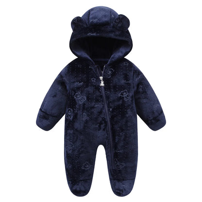 Baby Flannel Rompers - Soft Hooded Infant Jumpsuit With Cartoon Print, Warm Winter Wear - ZOOMNSTORE