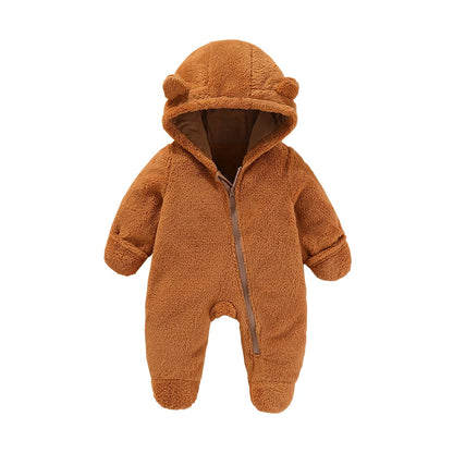 Baby Flannel Rompers - Soft Hooded Infant Jumpsuit With Cartoon Print, Warm Winter Wear - ZOOMNSTORE