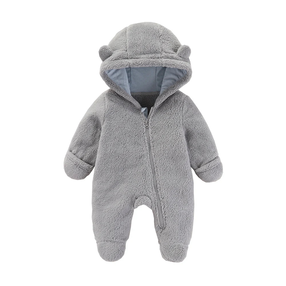 Baby Flannel Rompers - Soft Hooded Infant Jumpsuit With Cartoon Print, Warm Winter Wear - ZOOMNSTORE