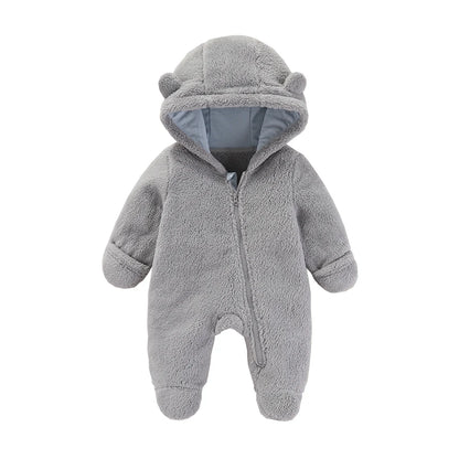 Baby Flannel Rompers - Soft Hooded Infant Jumpsuit With Cartoon Print, Warm Winter Wear - ZOOMNSTORE