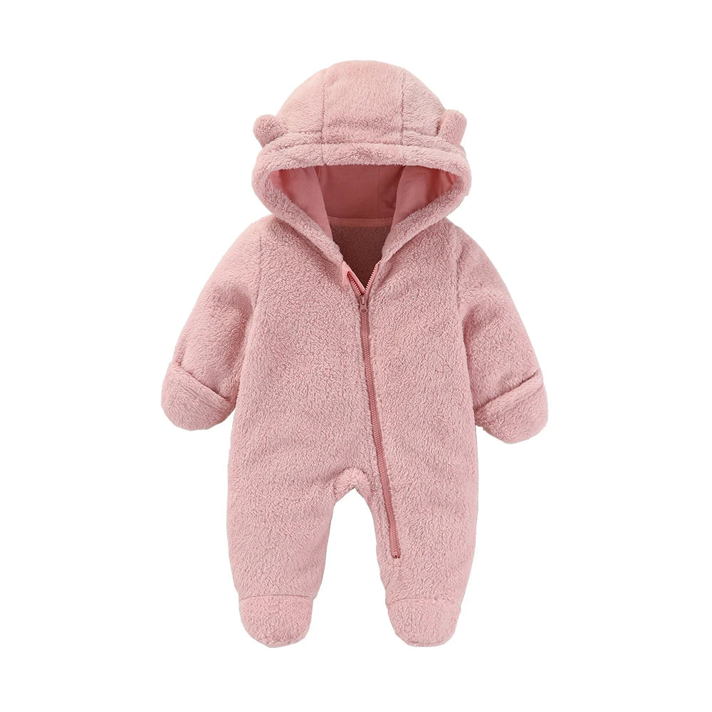Baby Flannel Rompers - Soft Hooded Infant Jumpsuit With Cartoon Print, Warm Winter Wear - ZOOMNSTORE
