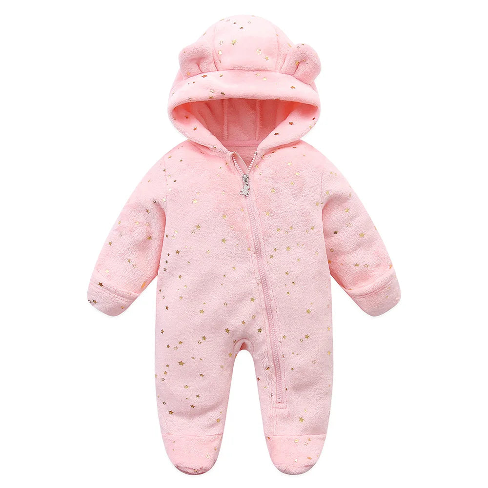 Baby Flannel Rompers - Soft Hooded Infant Jumpsuit With Cartoon Print, Warm Winter Wear - ZOOMNSTORE