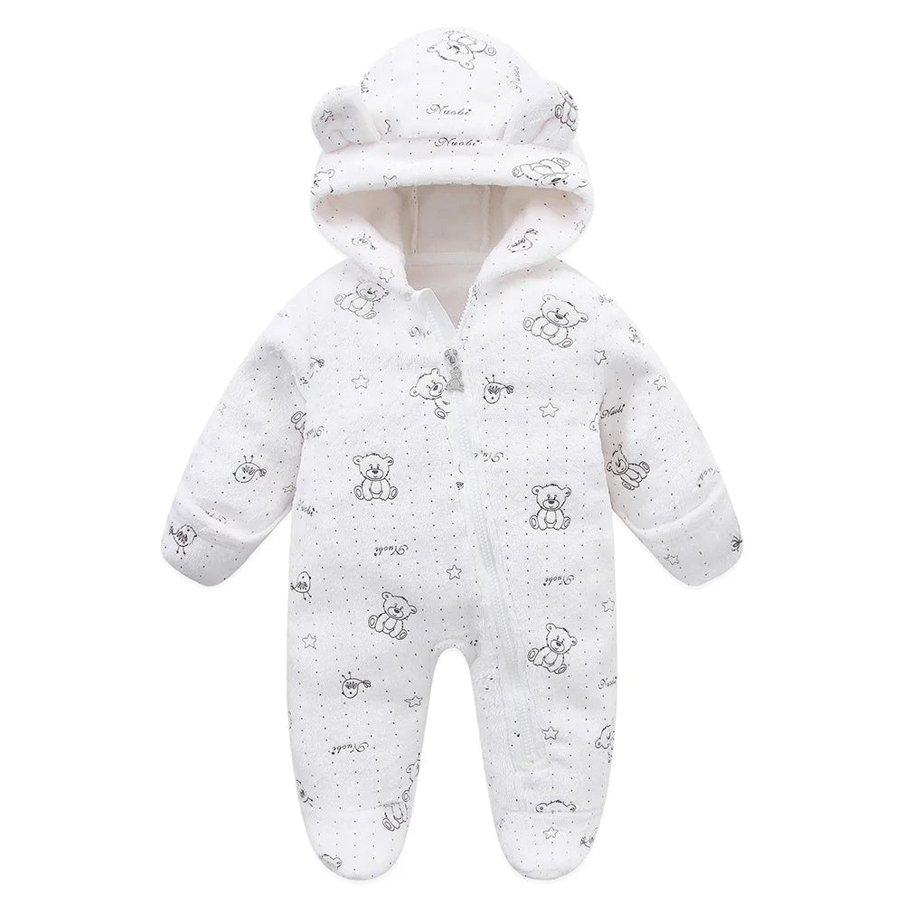 Baby Flannel Rompers - Soft Hooded Infant Jumpsuit With Cartoon Print, Warm Winter Wear - ZOOMNSTORE