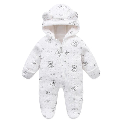 Baby Flannel Rompers - Soft Hooded Infant Jumpsuit With Cartoon Print, Warm Winter Wear - ZOOMNSTORE
