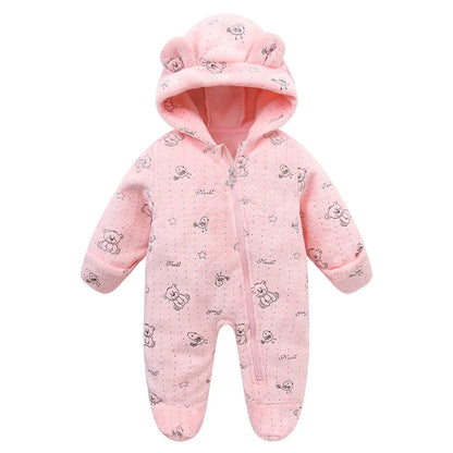 Baby Flannel Rompers - Soft Hooded Infant Jumpsuit With Cartoon Print, Warm Winter Wear - ZOOMNSTORE