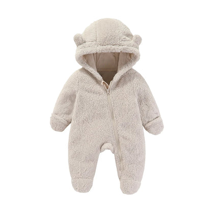 Baby Flannel Rompers - Soft Hooded Infant Jumpsuit With Cartoon Print, Warm Winter Wear - ZOOMNSTORE