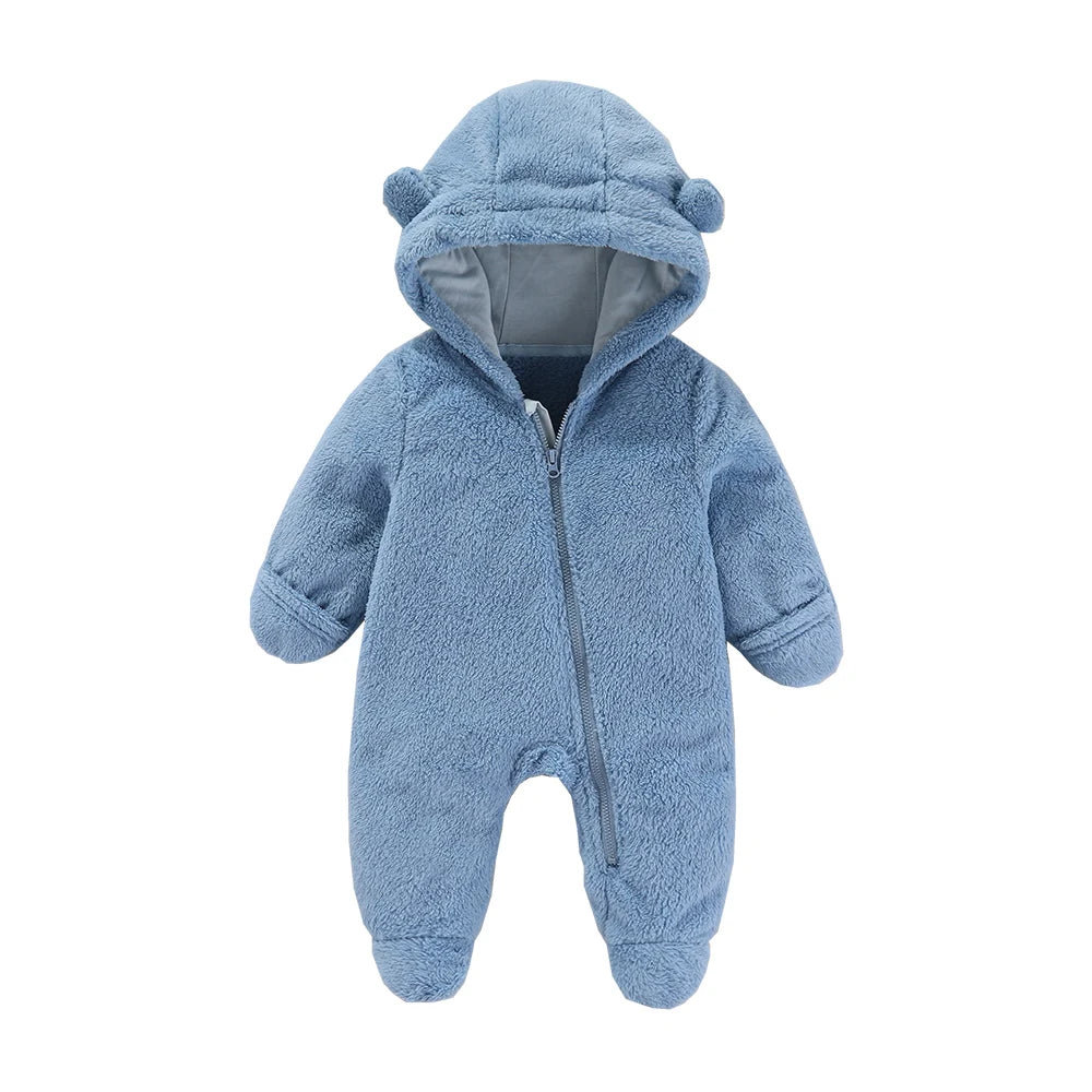 Baby Flannel Rompers - Soft Hooded Infant Jumpsuit With Cartoon Print, Warm Winter Wear - ZOOMNSTORE