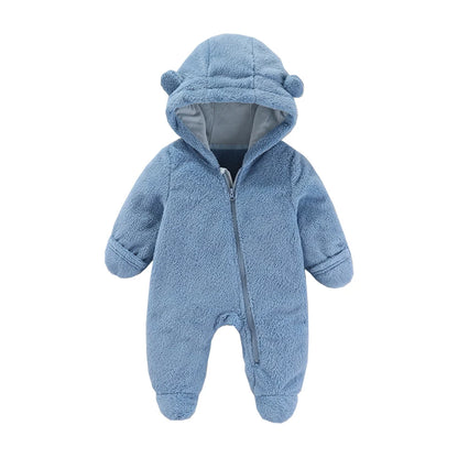 Baby Flannel Rompers - Soft Hooded Infant Jumpsuit With Cartoon Print, Warm Winter Wear - ZOOMNSTORE