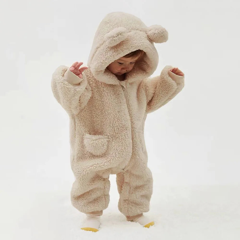 Baby Fleece Jumpsuit - Hooded Infant Romper With Zipper Closure | Warm Winter Babywear - ZOOMNSTORE