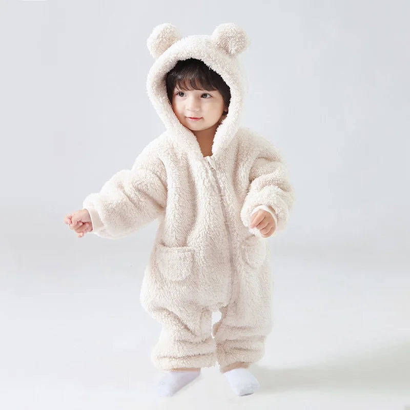 Baby Fleece Jumpsuit - Hooded Infant Romper With Zipper Closure | Warm Winter Babywear - ZOOMNSTORE