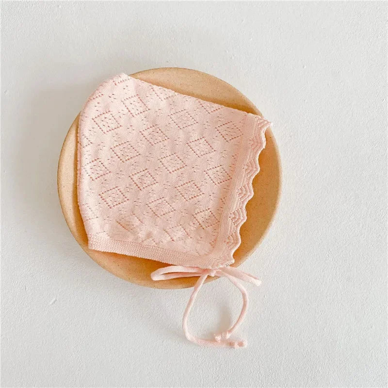 Baby Girl Hats Cotton Solid Color Newborn Hat Caps for 0-24 Months Infant Toddler Knitted Cap with Lace Flowers Kid Headkerchief - ZOOMNSTORE