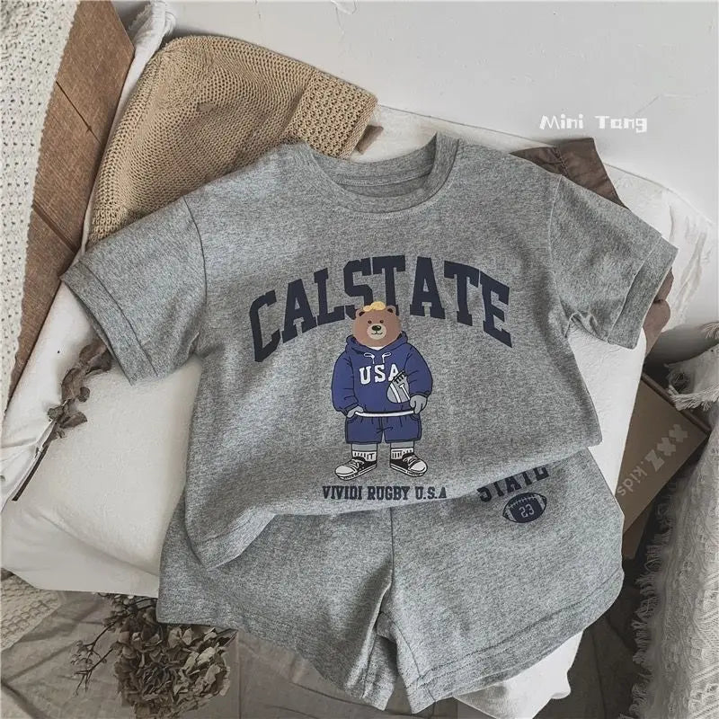 Toddler Girl Cotton Cartoon Bear T-Shirt  Shorts Set - Summer Outfit - ZOOMNSTORE