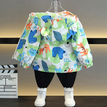 Hooded Sloth Print Jacket - Baby Girls Windbreaker Coat 1-6 Years - ZOOMNSTORE