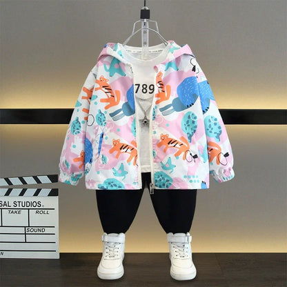 Hooded Sloth Print Jacket - Baby Girls Windbreaker Coat 1-6 Years - ZOOMNSTORE
