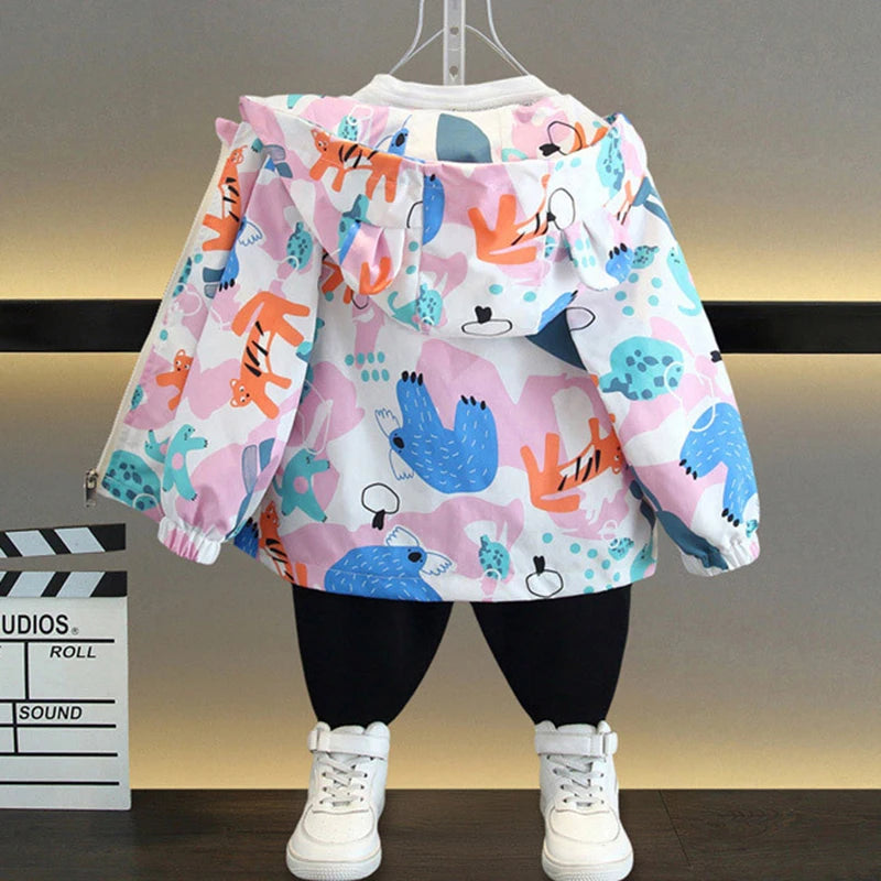Hooded Sloth Print Jacket - Baby Girls Windbreaker Coat 1-6 Years - ZOOMNSTORE