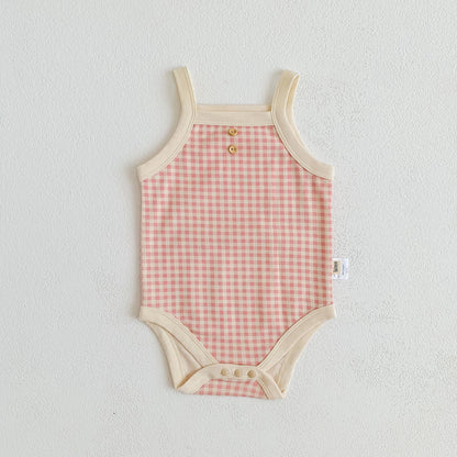 Baby Girls Jumpsuit - Soft Cotton Plaid Sleeveless Summer Romper with Snap Closure - ZOOMNSTORE