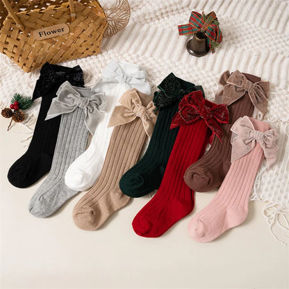 Baby Girls Knee High Socks Autumn Winter Kids Big Bow Long Soft Christmas Sparkly Sock Cotton Red Children Socken For 0-8 Years - ZOOMNSTORE