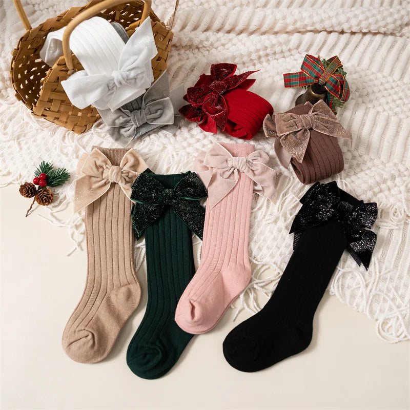 Baby Girls Knee High Socks Autumn Winter Kids Big Bow Long Soft Christmas Sparkly Sock Cotton Red Children Socken For 0-8 Years - ZOOMNSTORE