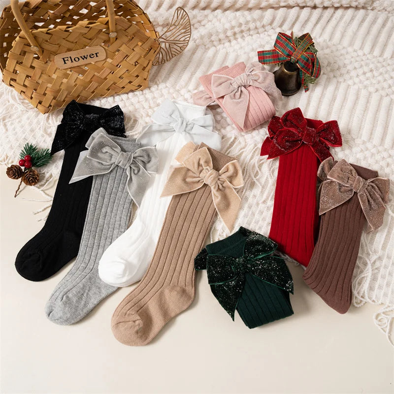Baby Girls Knee High Socks Autumn Winter Kids Big Bow Long Soft Christmas Sparkly Sock Cotton Red Children Socken For 0-8 Years - ZOOMNSTORE