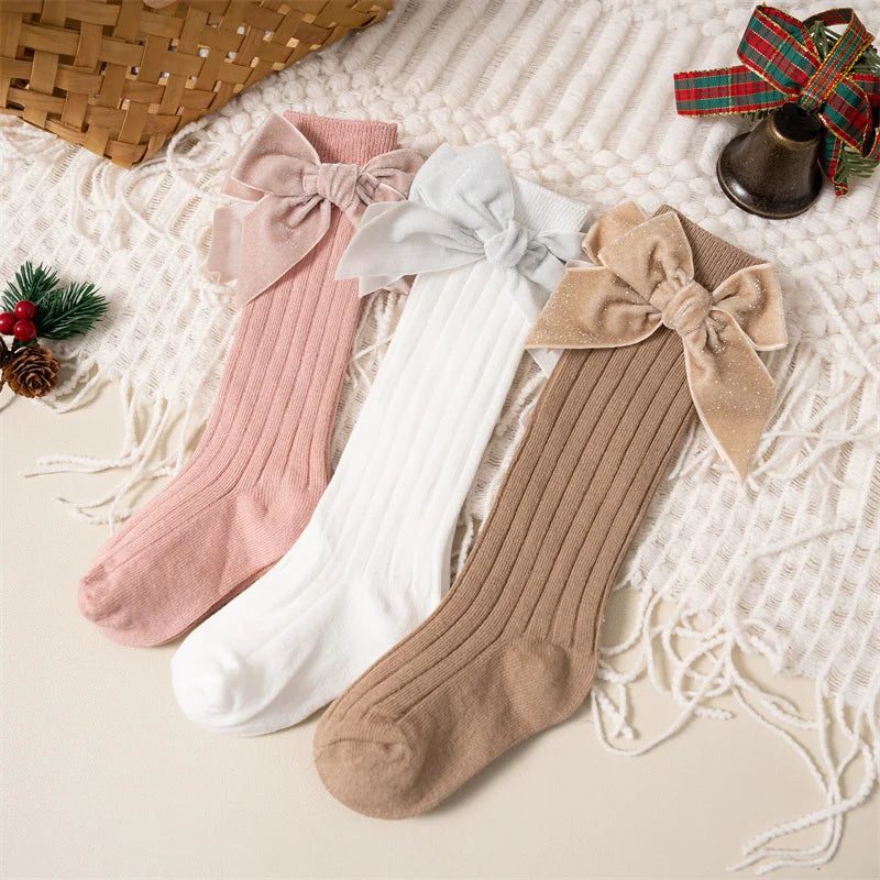 Baby Girls Knee High Socks Autumn Winter Kids Big Bow Long Soft Christmas Sparkly Sock Cotton Red Children Socken For 0-8 Years - ZOOMNSTORE
