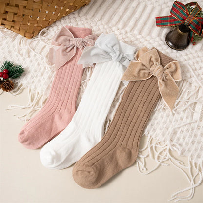 Baby Girls Knee High Socks Autumn Winter Kids Big Bow Long Soft Christmas Sparkly Sock Cotton Red Children Socken For 0-8 Years - ZOOMNSTORE