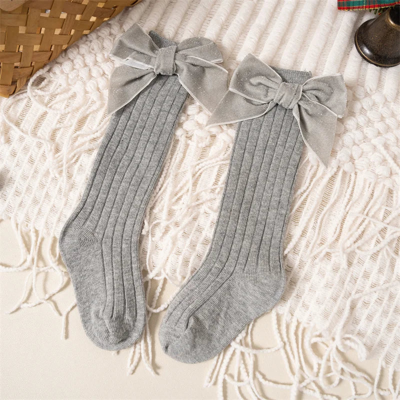 Baby Girls Knee High Socks Autumn Winter Kids Big Bow Long Soft Christmas Sparkly Sock Cotton Red Children Socken For 0-8 Years - ZOOMNSTORE