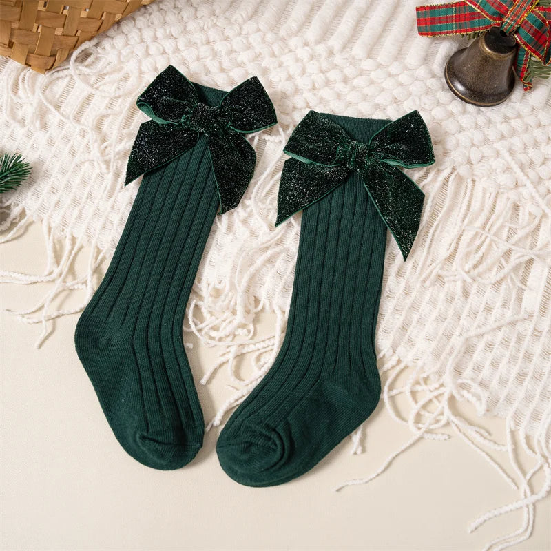 Baby Girls Knee High Socks Autumn Winter Kids Big Bow Long Soft Christmas Sparkly Sock Cotton Red Children Socken For 0-8 Years - ZOOMNSTORE