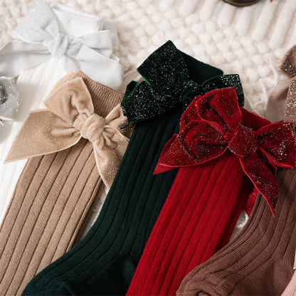 Baby Girls Knee High Socks Autumn Winter Kids Big Bow Long Soft Christmas Sparkly Sock Cotton Red Children Socken For 0-8 Years - ZOOMNSTORE