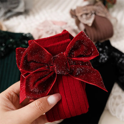 Baby Girls Knee High Socks Autumn Winter Kids Big Bow Long Soft Christmas Sparkly Sock Cotton Red Children Socken For 0-8 Years - ZOOMNSTORE
