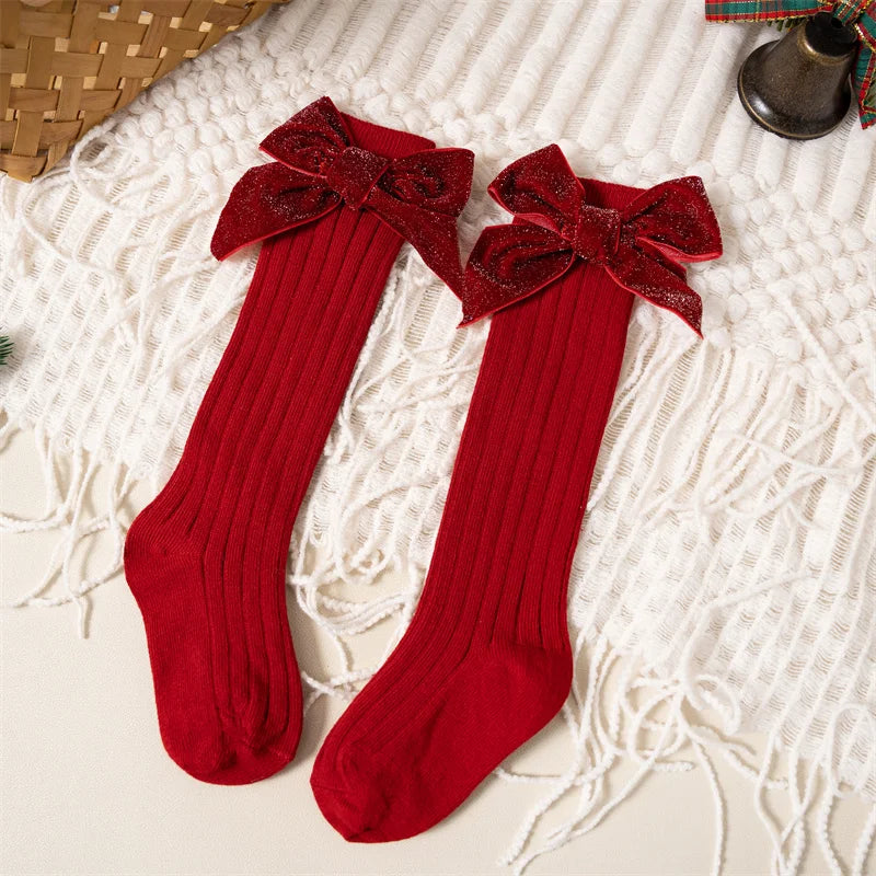 Baby Girls Knee High Socks Autumn Winter Kids Big Bow Long Soft Christmas Sparkly Sock Cotton Red Children Socken For 0-8 Years - ZOOMNSTORE