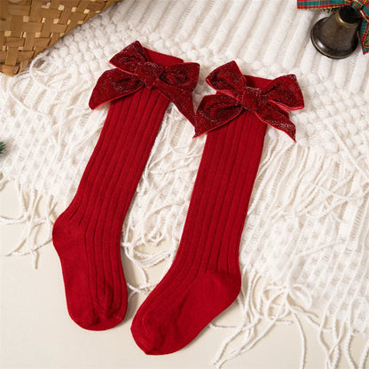 Baby Girls Knee High Socks Autumn Winter Kids Big Bow Long Soft Christmas Sparkly Sock Cotton Red Children Socken For 0-8 Years - ZOOMNSTORE