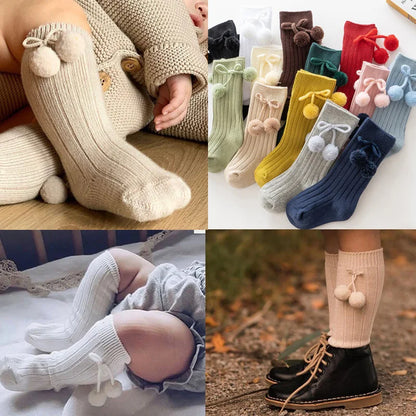 Baby Girls Cherry Ball Knee High Socks Toddler Tube British Style Princess Socks For Kids Knitted Sock Leg Warmer 0-5Years - ZOOMNSTORE