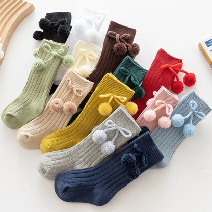 Baby Girls Cherry Ball Knee High Socks Toddler Tube British Style Princess Socks For Kids Knitted Sock Leg Warmer 0-5Years - ZOOMNSTORE