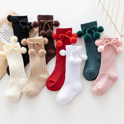 Baby Girls Cherry Ball Knee High Socks Toddler Tube British Style Princess Socks For Kids Knitted Sock Leg Warmer 0-5Years - ZOOMNSTORE