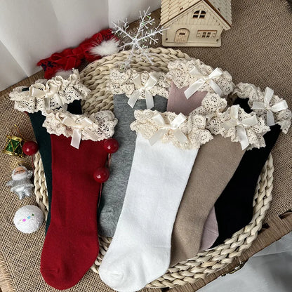 New Winter Autumn Baby Girls Knee High Socks Lace  Ruffle Long Sock Cotton Kids Toddlers Princess Christma Socken For 0-5Years - ZOOMNSTORE