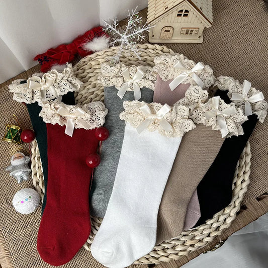 New Winter Autumn Baby Girls Knee High Socks Lace  Ruffle Long Sock Cotton Kids Toddlers Princess Christma Socken For 0-5Years - ZOOMNSTORE