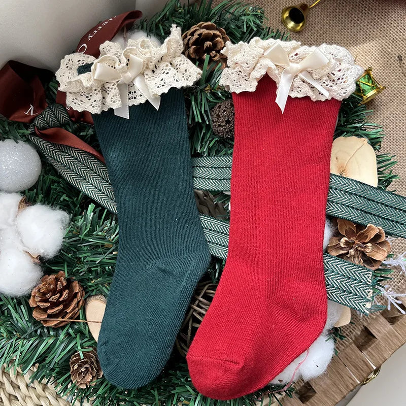 New Winter Autumn Baby Girls Knee High Socks Lace  Ruffle Long Sock Cotton Kids Toddlers Princess Christma Socken For 0-5Years - ZOOMNSTORE