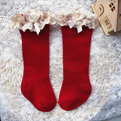 New Winter Autumn Baby Girls Knee High Socks Lace  Ruffle Long Sock Cotton Kids Toddlers Princess Christma Socken For 0-5Years - ZOOMNSTORE